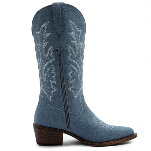 Image of GLOBALWIN Women's Mid Calf Western Cowboy Boots Cowgirl Boots for Women with Floral Embroidery Side Zipper Chunky Heel