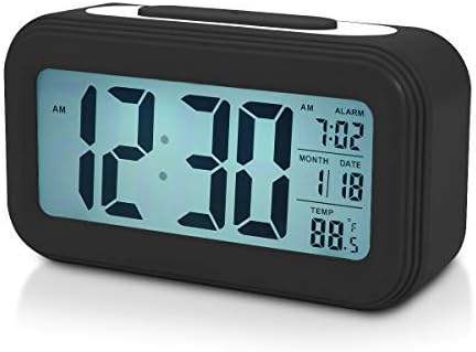 Battery Alarm Clock, 4.5" LCD Display Digital Clock for Kids, Backlight, Night Light, Date and Indoor Temperature, Table Clocks for Bedrooms, Simple Small Alarm Clock (Black)