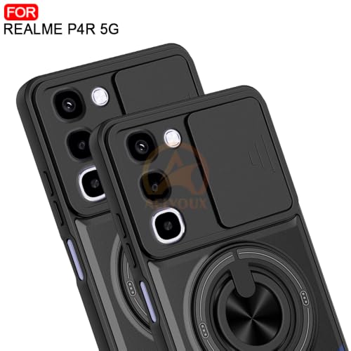 Image of Realme P4R 5G Back Cover | Armor Camera Slider 360 Degree Rotating Finger Ring Holder Case with Bracket Stand Back Case Cover (Compatible with MagSafe Accessories) (Black)