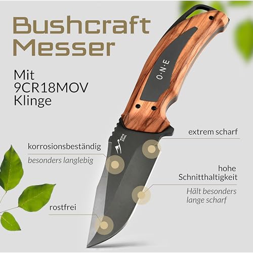BERGKVIST® Bushcraft Messer ONE mit feststehender Full Tang Klinge (9,7 cm) - Mitführen in Deutschland erlaubt - Survival Messer für Outdoor mit Echtholz-Griff, Holster, Feuerstahl & mehr – Bild 3