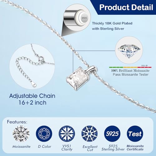 SecreTalk Moissanite Radiant Pendant Necklace for Women, 1-2CT D Color Ideal Cut 925 Sterling Silver Solitaire Moissanite Necklace with Certificate of Authenticity3