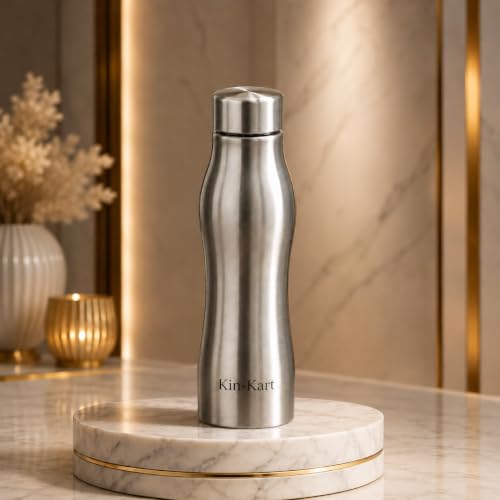 Image of Kin-Kart Water Bottles 1000 ml Stainless Steel Water Bottle 1 Litre | Eco friendly Steel BPA Free Leakproof Water Bottles for School, Office, Home, Gym (CURVES, SILVER)