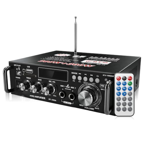 Image of FABTEC 2-Channel Karaoke Home Amplifier with Bluetooth 5.0, 300W + 300W High Power Output, USB /FM Playback, Dual Microphone Inputs, Bass & Treble Adjustment, Remote Control Included