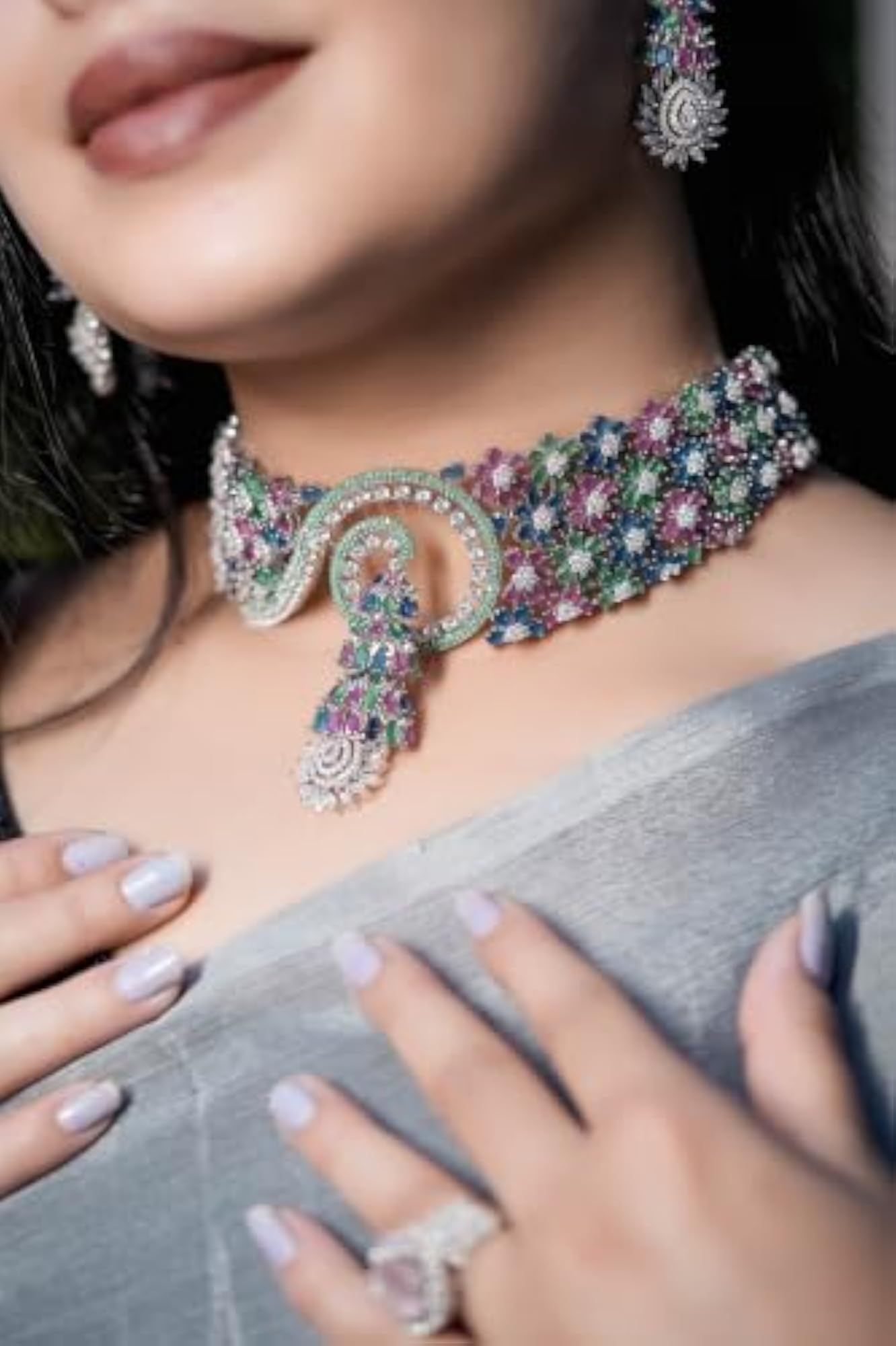 Luxury Peacock Inspired Multicolor Floral CZ Choker Necklace Set
