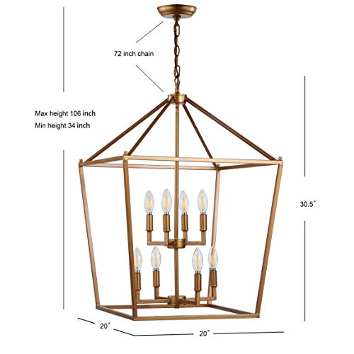 Image of JONATHAN Y Pagoda 8-Light Pendant 20 inch Cage, Antique Gold | Traditional Metal Farmhouse Hanging Lantern Ceiling Fixture, Adjustable Chain Link, For Kitchen Island, LED Bulb Included