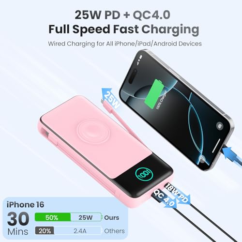 Image of Portable Charger for iPhone with Built-in Cables and AC Wall Plug,26800mah Fast Charging USB C Power Bank,25W PD Travel Essential Battery Pack for iPhone 17 /16 /15 /14 /13,Galaxy,Apple Watch (Pink)