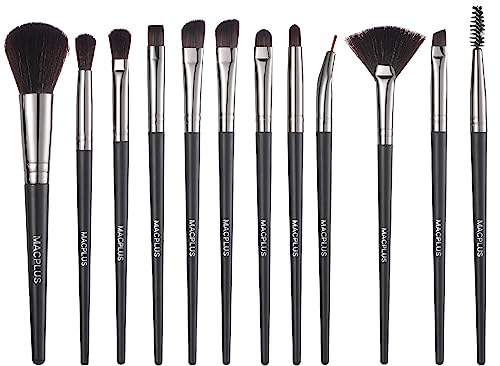 MACPLUS Premium Soft Makeup Brush Set for Eye Shadow Powder Eyebrow Brush Concealer Brush,Black,12pcs