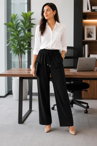 Image of THUMBA Women's Cotton Linen Wide Leg Pants | Elastic Waist Relaxed Fit Trousers | Breathable Summer Palazzo Pant with Pockets| Casual Office Travel Wear