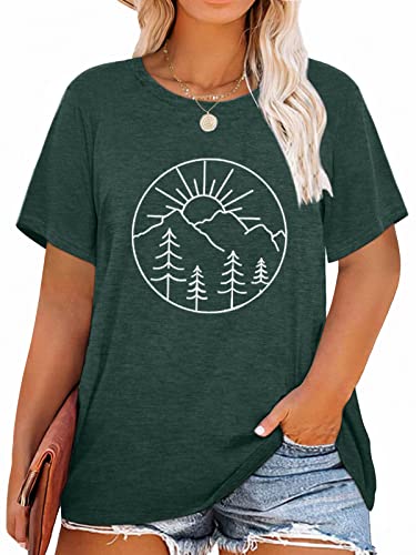 MK Shop Limited Women Sunset Pine Tree Plus T-Shirt Mountain Graphic Vintage Short Sleeve Tee Nature Travel Shirt Tops