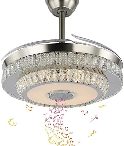 42" Crystal Ceiling Fan Light with Bluetooth Speakers Dimmable Chandelier Fan with Light Remote Control Multi-Colors Changing and 6 Wind Speeds Fan Lighting for Bedroom Restaurant Living Kitchen