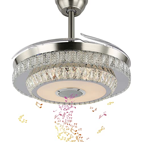 42" Crystal Ceiling Fan Light With Bluetooth Speakers Dimmable Chandelier Fan With Light Remote Control Multi-Colors Changing And 6 Wind Speeds Fan Lighting For Bedroom Restaurant Living Kitchen #TOP30