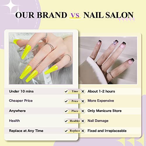 Long Coffin Press On Nails, Jofay Fashion Fake Nails Reusable, Glossy False Nails With Glue, Solid Color Stick On Nails For Women Girls Gift, Acrylic Nail Tips, Fluorescent Yellow, 24Pcs #TOP3