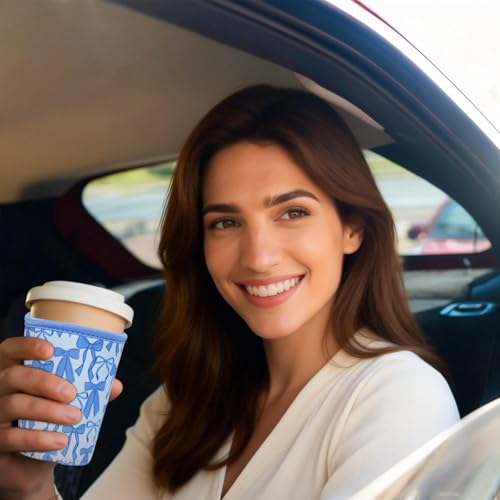 Image of Reusable Insulated Sleeve for Iced Coffee Cup, Coffee Neoprene Sleeve for Cold & Hot Drinks, Beverage Holder for Iced Coffee (Blue Bows, Large: 32oz)