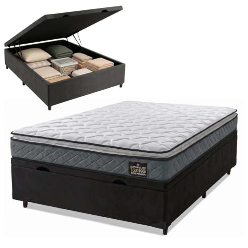 Cama Box Baú Casal Colchão Espuma D33 Pillow Top Millenium 138x188x60cm Cinza/preto Hellen - Suporta até 120kg por Pessoa