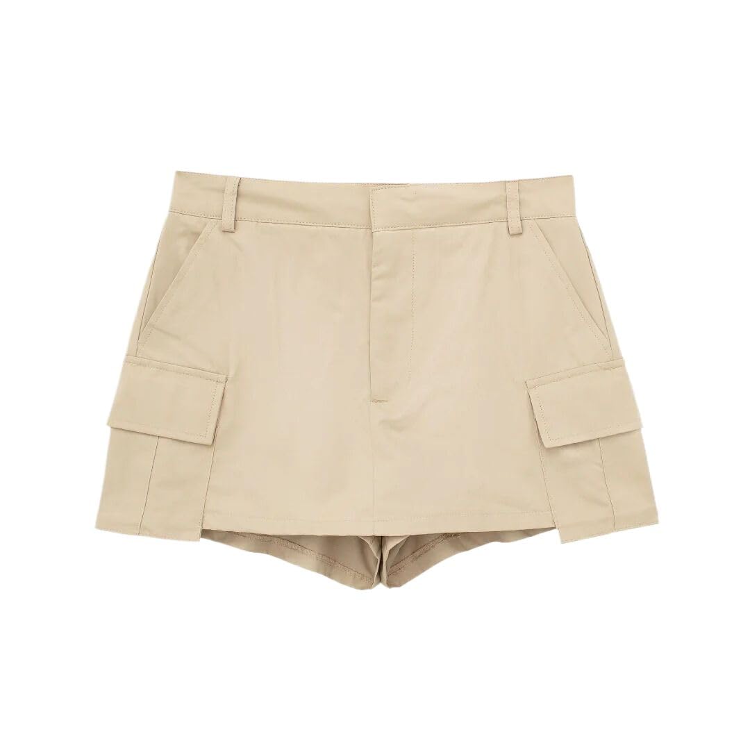 Pantalones cortos de cintura alta para mujer, caqui, M