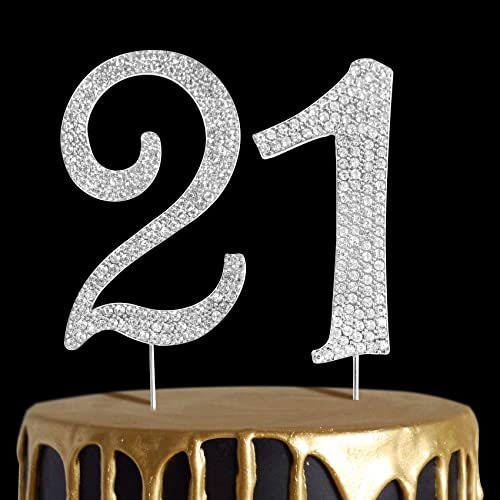 Number Cake Topper 21, Uniideco Silver Rhinestone Premium Metal Bling Bling Cake Decor, Sparkly Happy Birthday Wedding Anniversary Party Decoration Centerpiece #TOP19