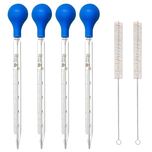Zorplex 4 Pipetas Cuentagotas de Vidrio 10 ml, Pipetas Graduadas con Bulbo de Goma y 2 Cepillos de Limpieza, Reutilizables para Laboratorio, Química, Cosmética, Aceites Esenciales y Alimentos (6)