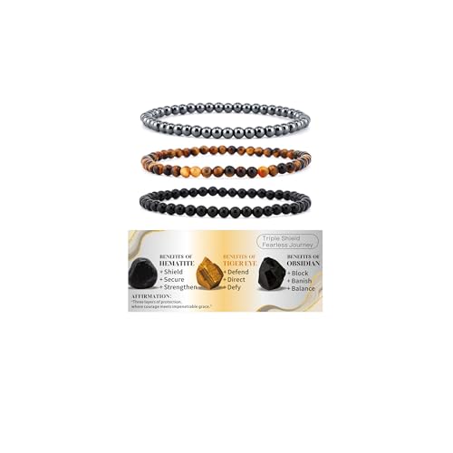 Crgwxzl Healing Crystal Bracelets for Women Men 4mm Tiger Eye Hematite Black Obsidian Natural Stone Beaded Stretch Bracelet Set Triple Protection Handmade Gemstone Reiki Spiritual Jewelry Gifts
