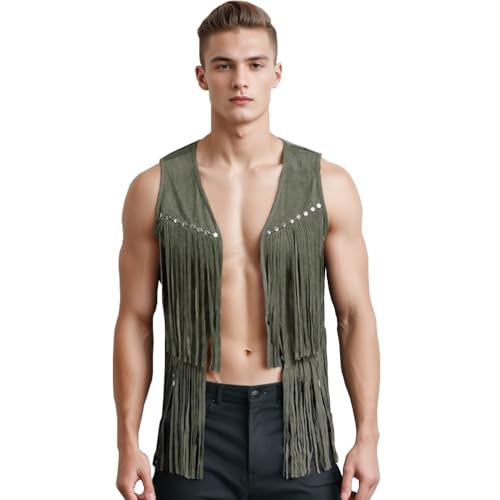 Image of ZUYPSK Men's Open Front Tassels Vest Sleeveless Western Cowboy Waistcoat Halloween Club Party Jacket Outerwear