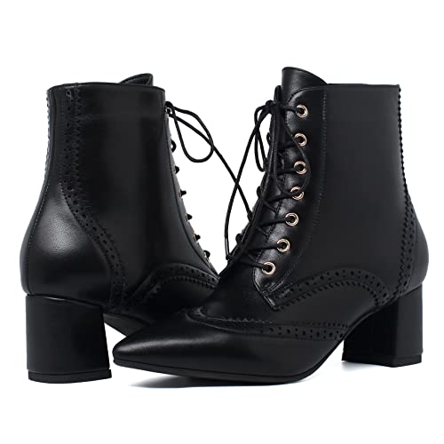 SHEMEE Women's Victorian Ankle Boots Lace UP Combat Boots for Women Booties Side Zipper Block Chunky Mid Heels Wingtip Oxford Boot Renaissance Shoes3