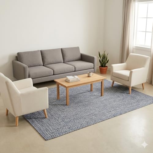 Image of Xenluxe Handmade Cotton Braided 5x7 feet Area Rug - Washable, Low Pile Reversible Floor Mat for Bedroom, Kitchen, Entryway & Living Room - Eco-Friendly Woven Carpet - (Light Blue, Rect)