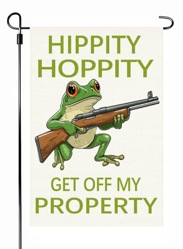 Funny Frog Welcome Garden Flag, Hippity Hoppity Get Off My Property,12x18 Inch Double Side Burlap Farmhouse Flag, Hilarious No Trespassing Sign Yard Patio Flags (B)