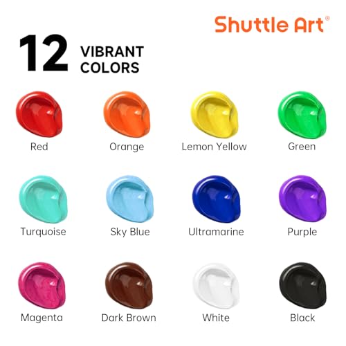 Image of Shuttle Art 12 Colors Acrylic Paint, 250ml /8.45oz Bottles Acrylic Paint Set, Rich Pigments, Bulk Painting Supplies for Artists, Beginners and Kids Painting on Rocks Crafts Canvas Wood