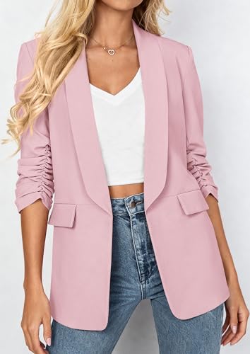 PRETTYGARDEN Women's 2026 Spring Blazers Business Casual Outfits Open Front Ruched 3/4 Sleeve Lightweight Work Suits Jackets (Pink,Medium) — view 2