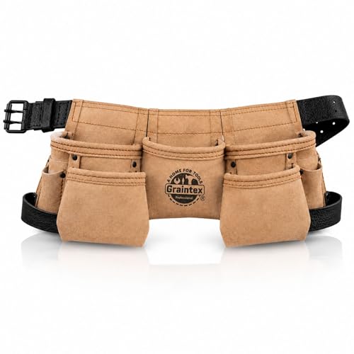 Graintex DS2243 :: 9 Pocket Children Tool Belt Beige Color Suede Leather Kids Real Tool Belt Boys and Girls Tool Apron for Home Improvement 1.1/2 Leather Belt Hammer Loops