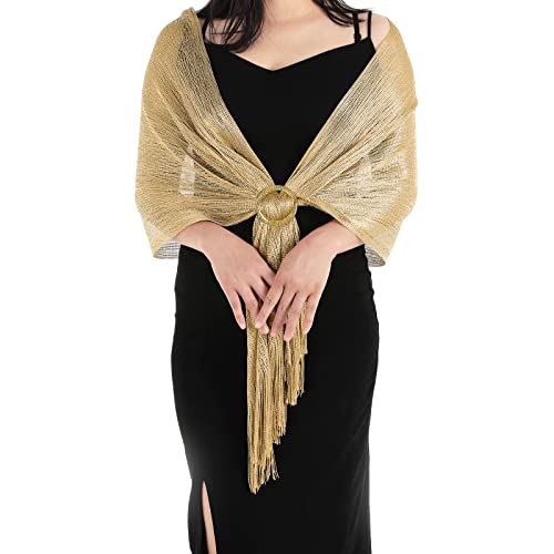 ASTER Sparkling Metallic Shawls and Wraps for Evening Dresses with Buckle, Womens Shawls and Wraps for Evening Party Bride Bridesmaid Gifts(Gold), 50 * 175cm(with tassel)