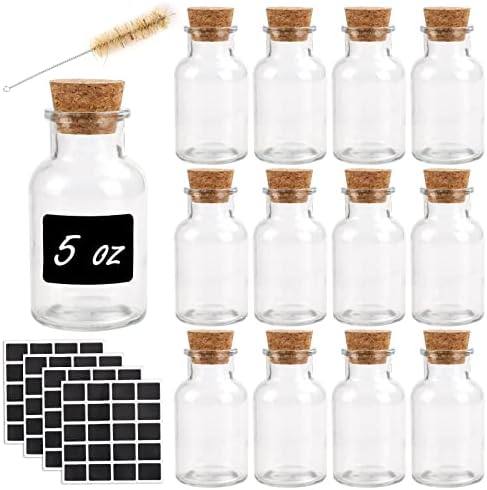CUCUMI 12pcs 150ml Glass Spice Jars with Lids Reusable Glass Spice Bottles with Cork, 100pcs Blank Square Stickers 1pcs Test Tube Brush for Storing Tea Herbs and Spices