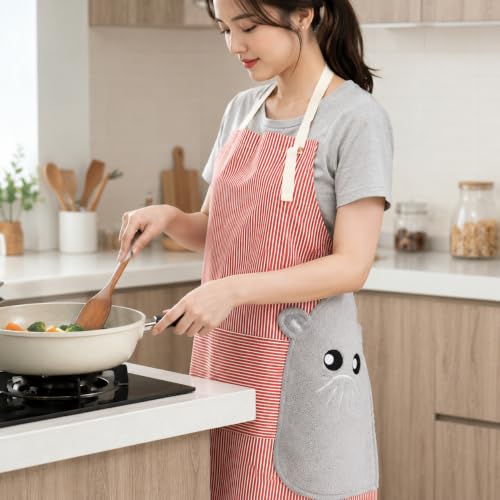 Image of PUJI 1 Pcs Women Kitchen Apron with Hand Wipe Pockts, Big Pocket,Hand-wiping, Waterproof for Cooking Baking,Center Pocket Hand Towel Women and Men (1 Pcs)