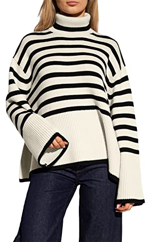 Feziakuk Rollkragenpullover Damen Gestreift Strickpullover Grobstrick Oversize Winterpullover Warm Vintage Lässige Strickpulli Pullover mit Seitenschlitz, Weiß L