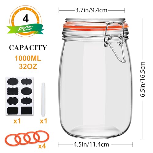 Encheng 32 oz Wide Mouth Mason Jars with Airtight Hinged Lids, Large Glass Jar with Lid for Pickling, Fermentation, Canning, Food Storage – Set of 4 Glass Storage Containers