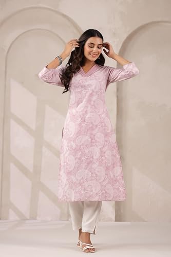 Image of Ichaa Women's Pure Cotton Embroidered V-Neck Ethnic Kurta with 3 /4th Sleeve for Daily and Office Wear, in Plus Sizes