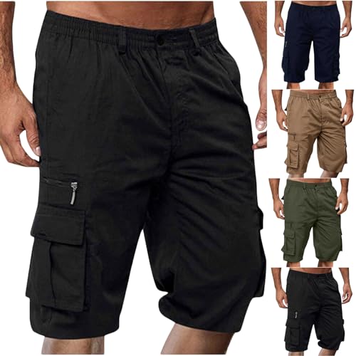 Cargo Shorts for Men - Big and Tall Casual Summer Elastic Waist Outdoor Work Hiking Cargo Short Pants with Pockets Twill Stretch Relaxed Fit Clothes Black Men Shorts Cargo L