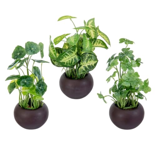 MyGift Modern Trio of Artificial Assorted Green Leaf Plants Potted