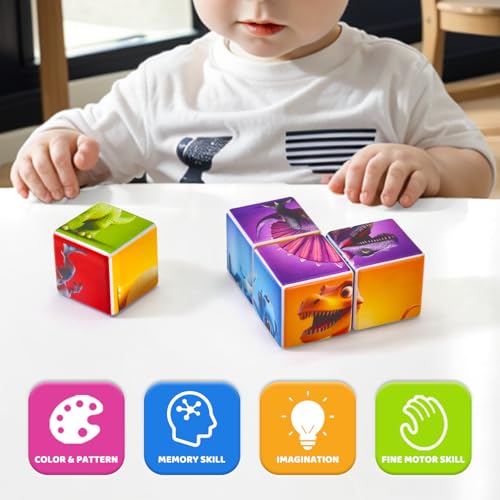 Image of Pairez Toys Magnetic Blocks for Toddlers, Dinosaur Toys Puzzle Cubes for Kids, Sensory Toys for Kids Ages 1-3 Year Old Boys & Girls, 6 Dinosaur Building Ideas