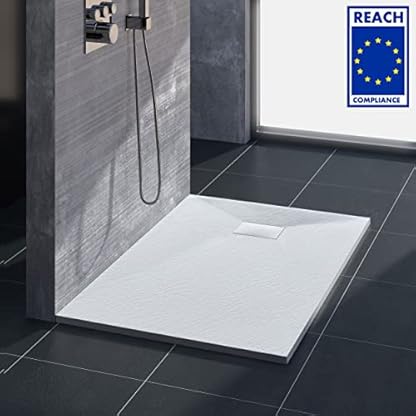VILSTEIN Duschwanne 80x80 cm | Steinoptik, Schieferoptik | Design Duschtasse | Flach, Antirutsch | Weiß | inkl. Standard Abdeckung – Bild 6