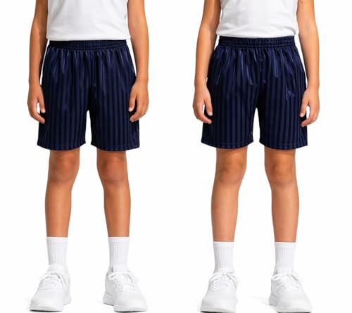 Image of KHIM Pack of 2 Shadow Stripe School PE Sports Football Games Shorts Boys Girls Kids Childern (UK, Age, 9 Years, 10 Years, Regular, Navy Blue)