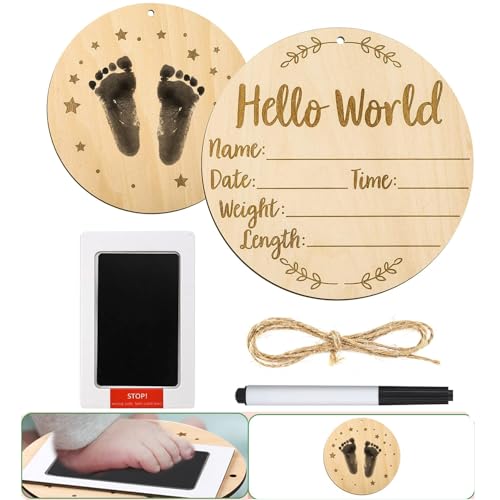 Suweiyuanshiyi Baby Announcement Sign, 5.9in Round Hello World Baby Name Plaque with Ink Pad for Baby Hand and Footprints Wooden Newborn Sign for Photo Prop