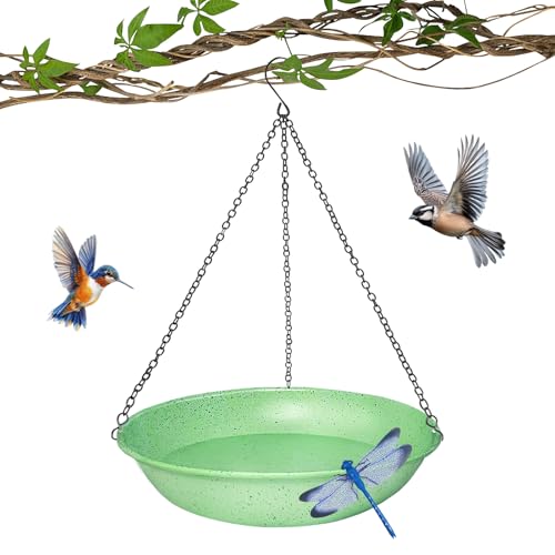 Image of 11 Inch Green Speckled Double Patchwork Metal Hanging Bird Bath Bowl | Equipped with 13.5 in rust-proof black chains, dual-use bird feeder decor for garden and backyard