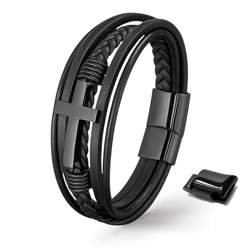 UNIQAL | Kreuz Lederarmband Herren „HEAVEN“ | Echtleder Armband mit Kreuz | Schwarzes Cross Bracelet | Magnetverschluss | Geschenk für Männer | Geschenkbox Inklusive (Black, 21 cm + Verlängerung)
