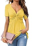 Tankaneo Womens Front Knotted V-Neck Blouse T Shirt Short Sleeve Oversized Tunic Tops Summer Solid Pullover Tees