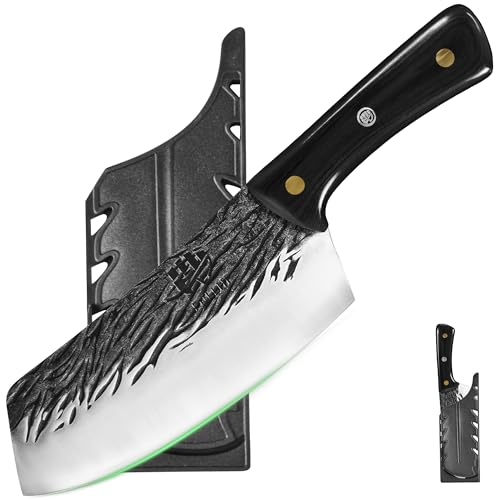 FULLHI Cuchillo de Chef, Cuchillo de Cocina con Mango de Madera y Funda, Cuchillo de Cocina de Acero al Carbono para Cortar Carne en el Exterior, Camping Barbacoa (Negro, Cuchillo japonés)