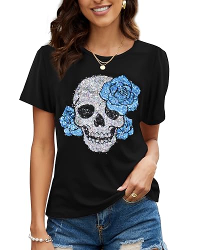Image of PESION Womens Short Sleeve T-Shirt Sequined Tops O-Neck Funny Graphic Tees Blouse
