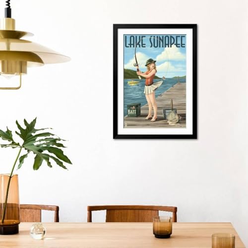 ART.COM Wall Art Print Lake Sunapee, New Hampshire - Pinup Girl Fishing on Black Frame by Lantern Press, 32" x 44" by ART.COM - Used condition - US$36.09
