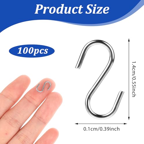 Bewudy 100 Stück S Haken Klein, 14mm Mini S Haken, Klein Steckverbinder Metallhaken Edelstahl S-Förmig Draht Haken für DIY Handwerk Hängende Schmuck Schlüsselkette Tag Aufhängen(Silber)