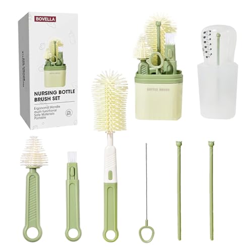 Image of BOVELLA Baby Bottle Brush Set-Travel Bottle Cleaner Kit with Silicone Brush,Drying Rack,Nipple Brush,Straw Brush,Bottle Mouth Brush,Storage Box-6 in 1 Portable Bottle Washing Kit for Home and Travel