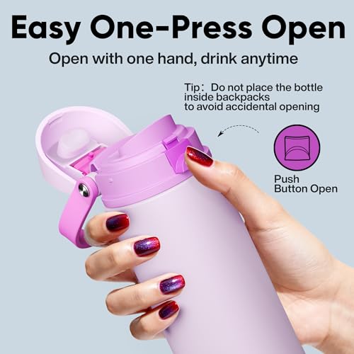 Image of Insulated Water Bottle with Straw - Encool Stainless Steel Water Bottle with Push Button Lid, Leak-Proof & BPA-Free, Keeps Cold for 24 Hours for Sports, Travel, Gym (24 oz, Thistle-Fuchsia)